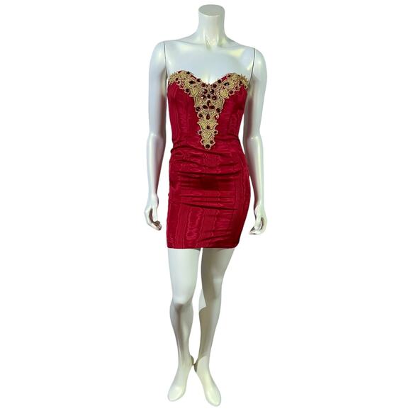 Jessica McClintock Gunne Sax Red Strapless Mini Dress with Gold Lace - Size 3/4 - Picture 2 of 16